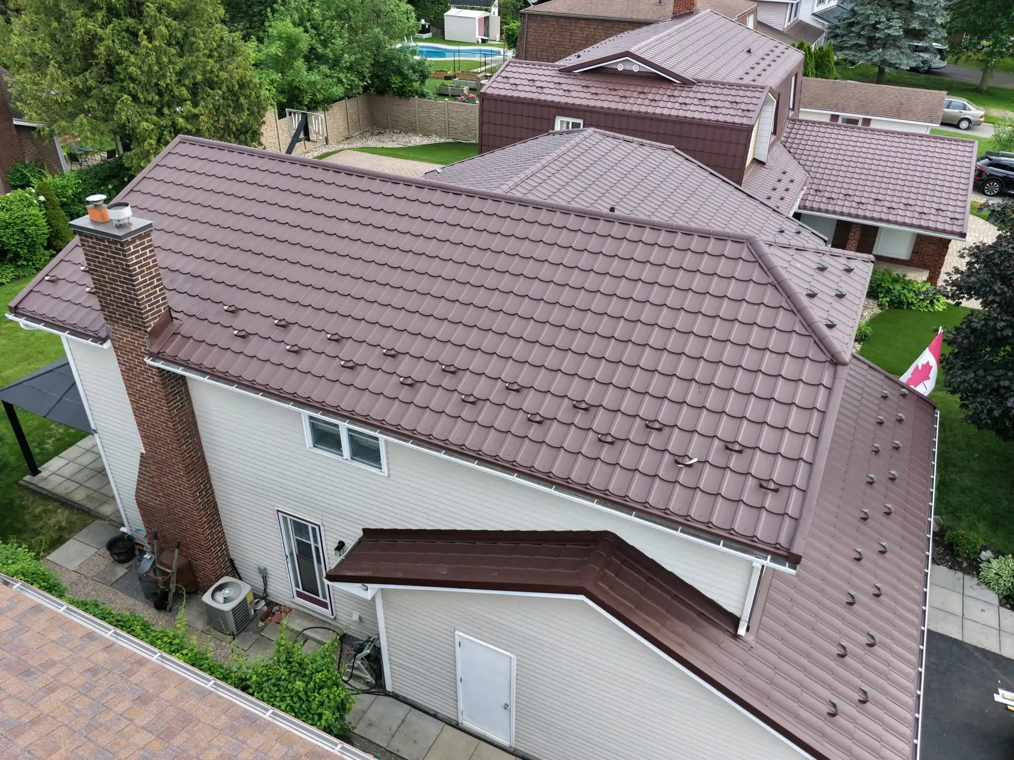 Completed architectural metal roof angled view