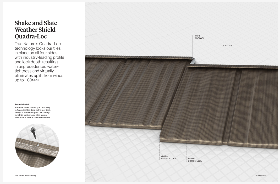 Vicwest Quadra-Loc detail showing the interlocking metal shingle connection